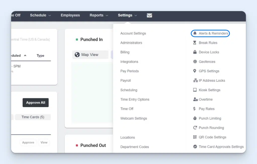 Buddy Punch interface, showing a list of features in the Settings tab; a red arrow points to “Alerts & Reminders.”