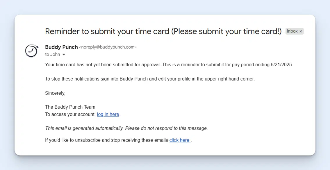 Example Submit Timecard Reminder email from Buddy Punch