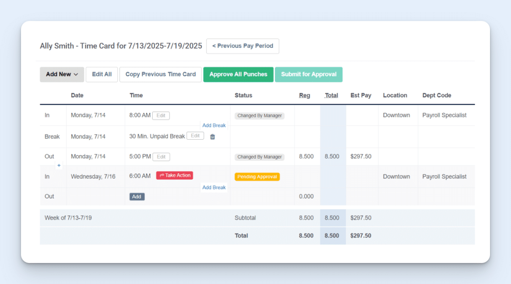 Example of a time card in Buddy Punch, showing dates, times, statuses, locations, estimated payment, and more.