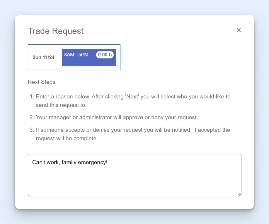 Trade request feature in Buddy Punch, showing details about the shift, steps to submit the request, and a text box to provide a reason for the request.
