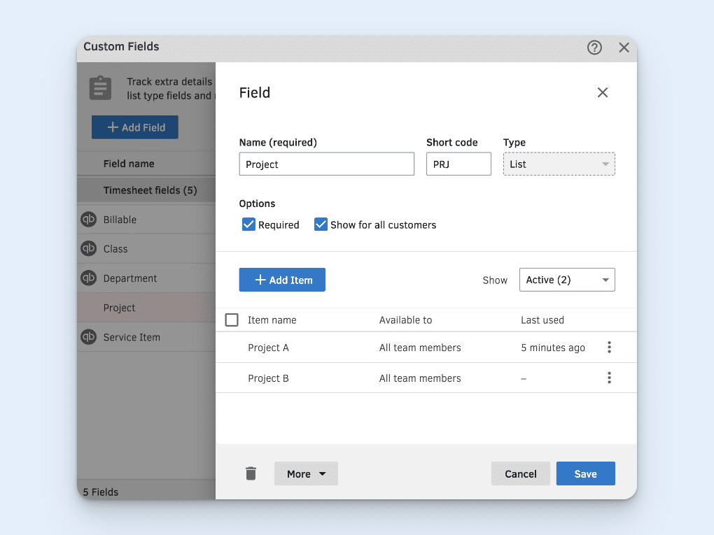 A QuickBooks Time screen for setting up Custom Fields, with various options, such as Name, Code, and Type.