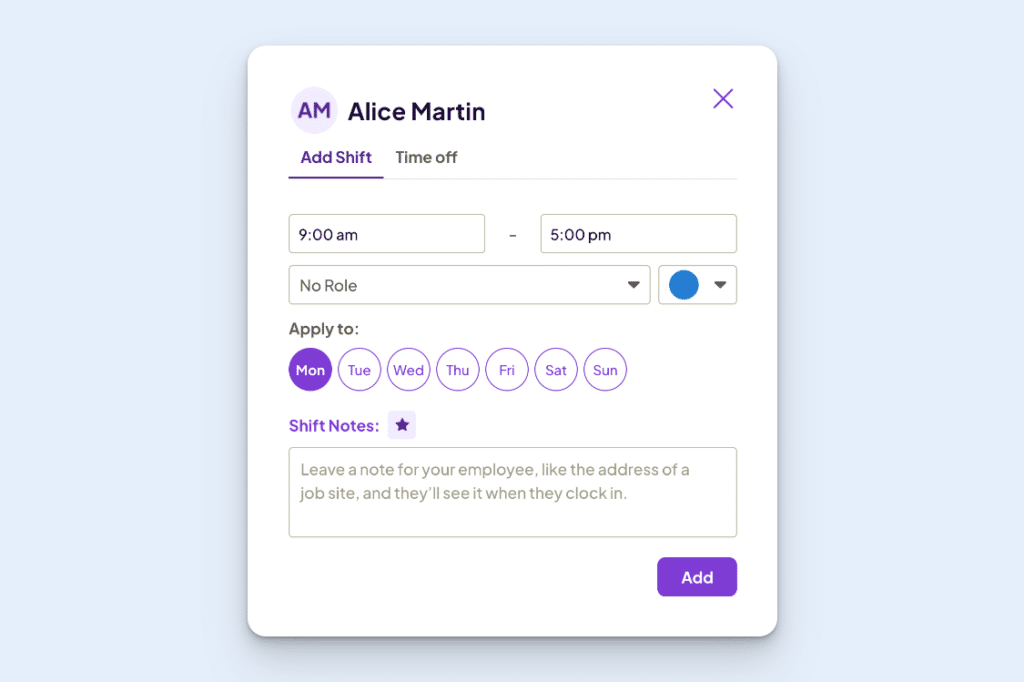 Homebase’s Add Shift functionality, showing a new shift for ‘Alice Martin,’ scheduled for Monday from 9 a.m. – 5 p.m.