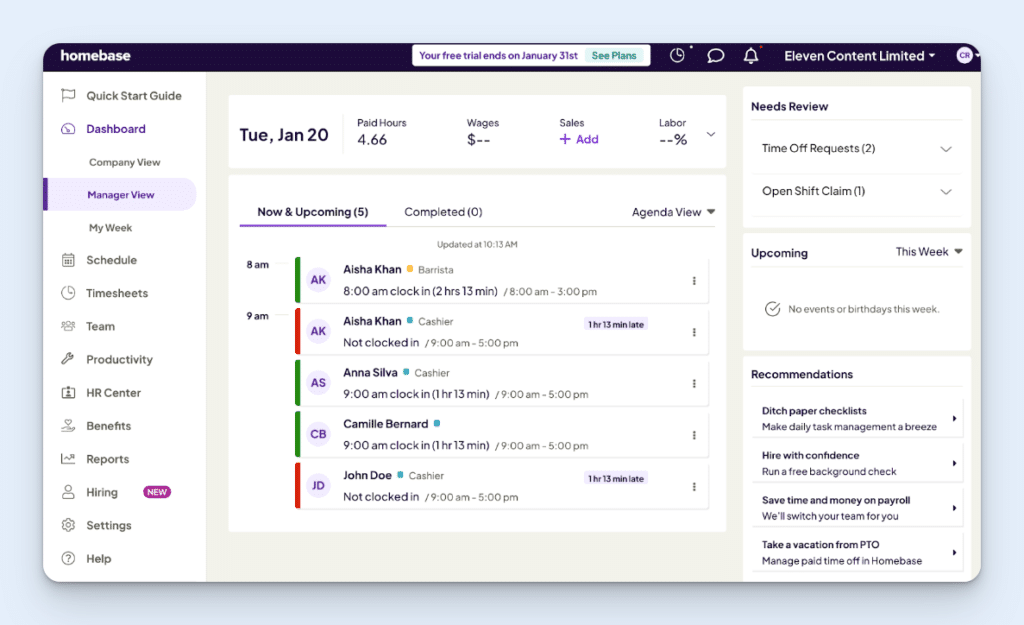 The main Homebase Dashboard: Manager View, showing an overview of the current day (Tuesday, January 20), with a list of now and upcoming clock-ins front and center.