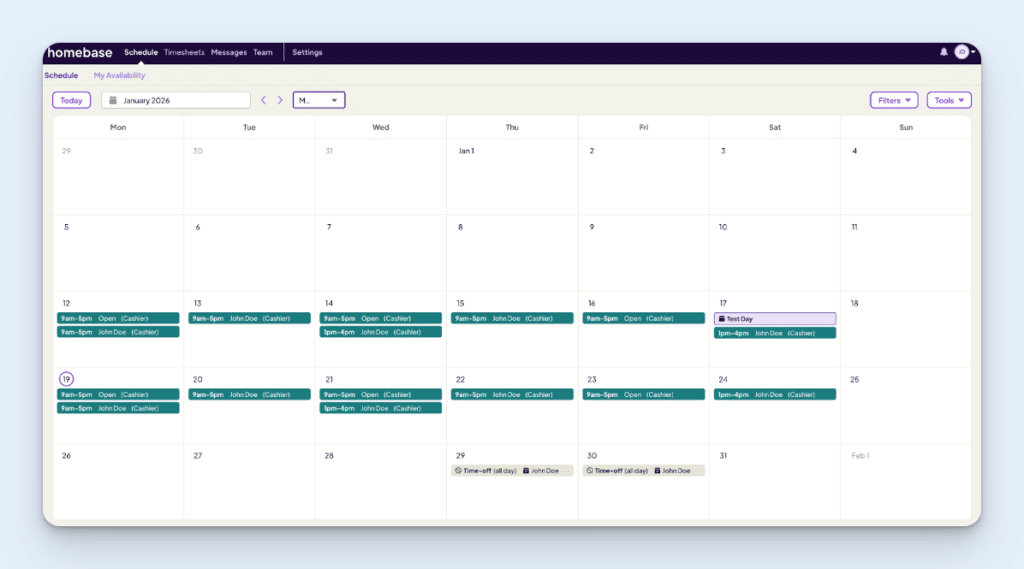 Homebase’s Month View for employees, showing scheduled shifts across January 2026.