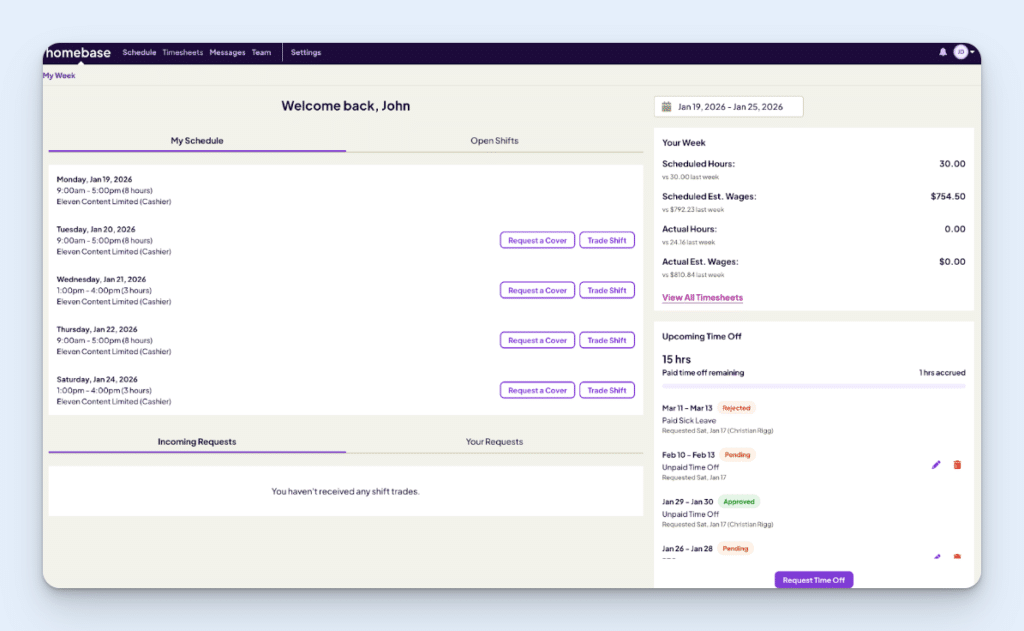 Homebase’s My Week view, showing upcoming shifts, open shifts, income information, and upcoming time off.