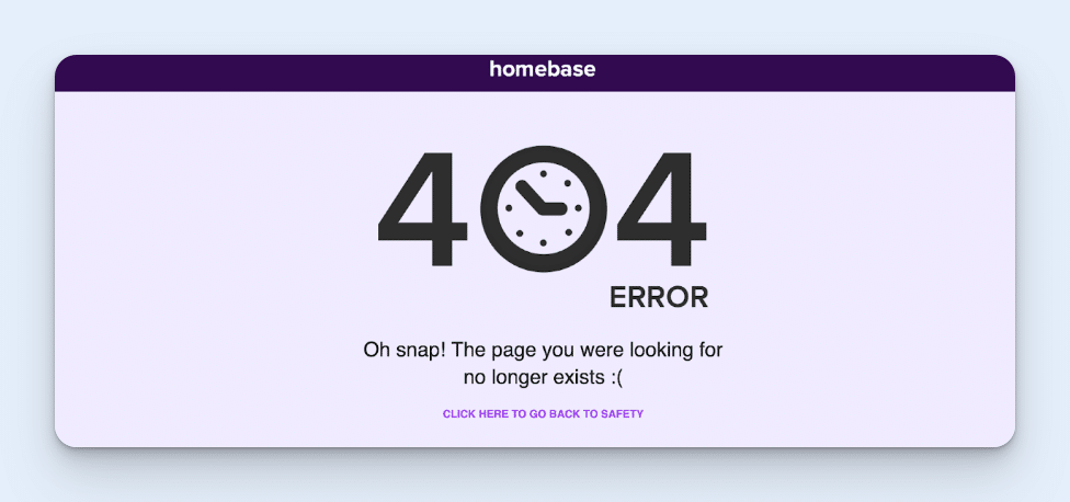 404 error on Homebase website, with black text against a light purple background