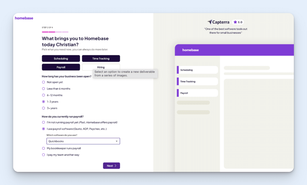 The sign-up screen for Homebase, with questions about needs, business age, and payroll.