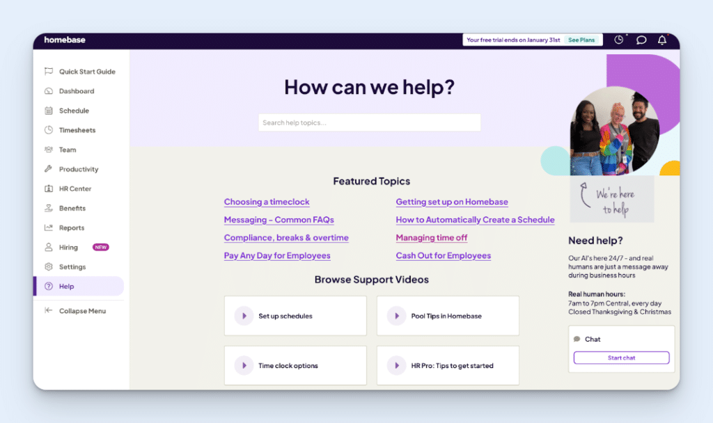 Homebase’s Help section, featuring Featured topics like “Choosing a timeclock” and “Getting set up on Homebase,” plus a list of support videos such as “Set up schedules” and “Pool Tips in Homebase.”