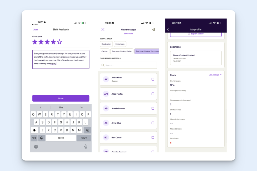 From left to right, entering shift feedback, sending a new message, and viewing your own stats in Homebase.