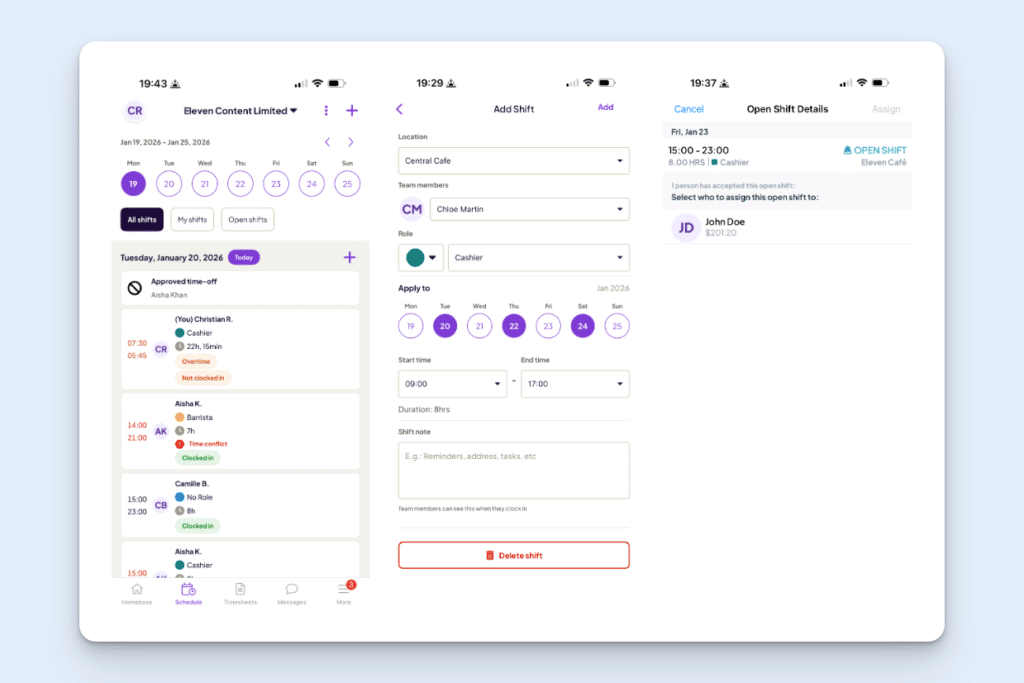 From left to right, the main Homebase schedule screen, a screen showing how to add a new shift, and a screen showing reviewing open shifts in Homebase.