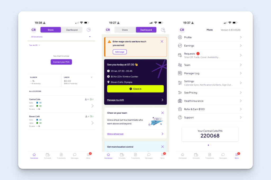 From left to right, the Store screen (which requires POS connection), the Dashboard screen, and the More screen in Homebase.