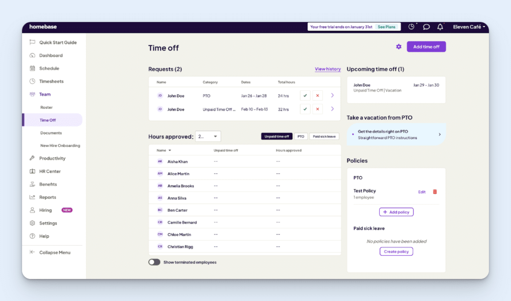 Time Off screen in Homebase, showing two pending time off requests, upcoming time off, approved time off, and PTO policies.
