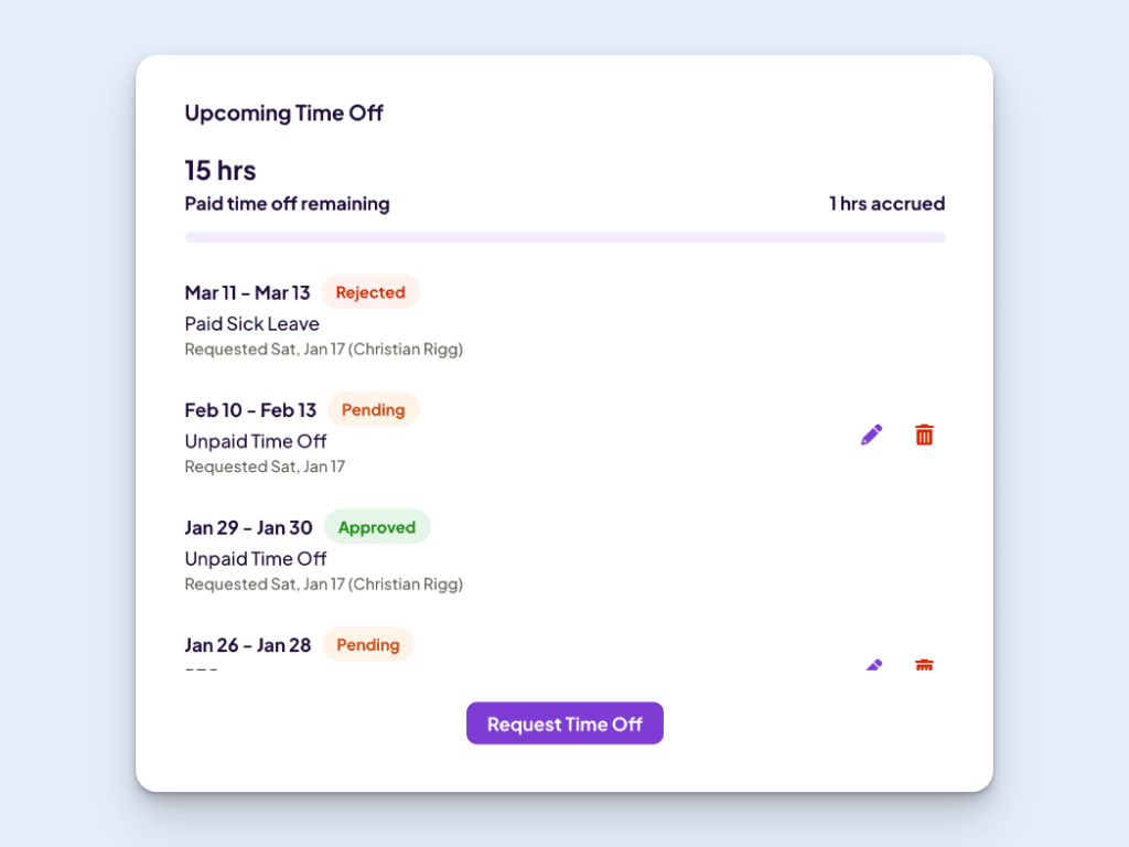 Upcoming time off in Homebase; 15 hours total, spread across paid sick leave (rejected), unpaid time off (pending), unpaid time off (approved), and another pending request.