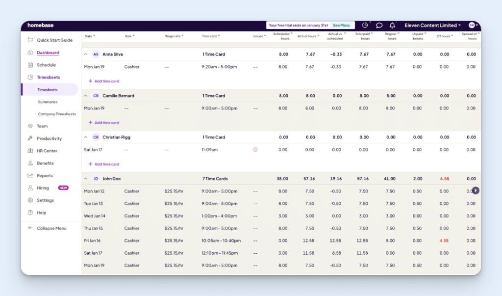 Timesheet in Homebase, showing four employees’ timecards, scheduled hours, actual hours, total paid hours, regular hours, and more across one week.
