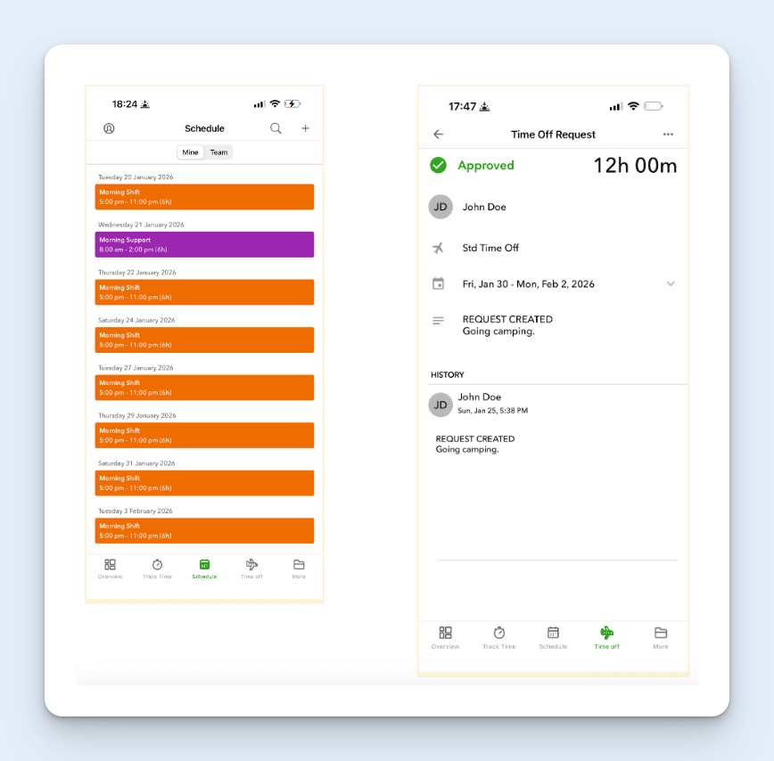 The QuickBooks Workforce mobile app Schedule screen, showing a series of shifts in orange and purple over a week.