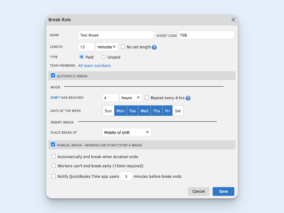 The QuickBooks Time "Break Rule" screen, where one creates new break rules. It includes options for both automatic and manual breaks.