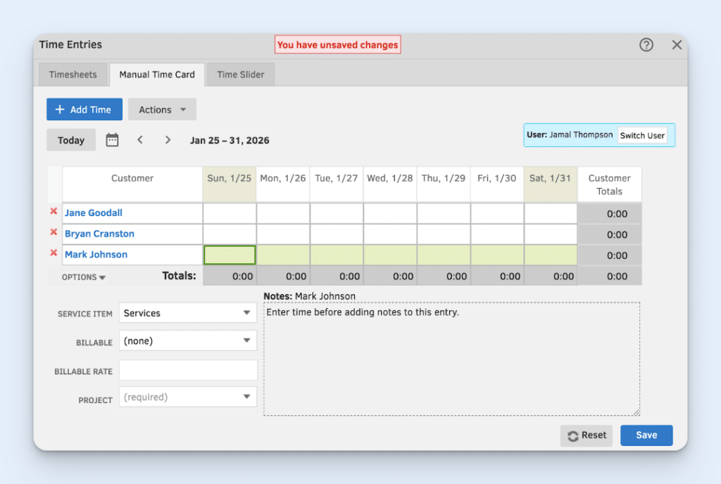 The QuickBooks Time "Time Entries - Manual Time Card" screen, which shows a grid with customers along the Y axis and dates along the X axis, for managers to manually add time entries.