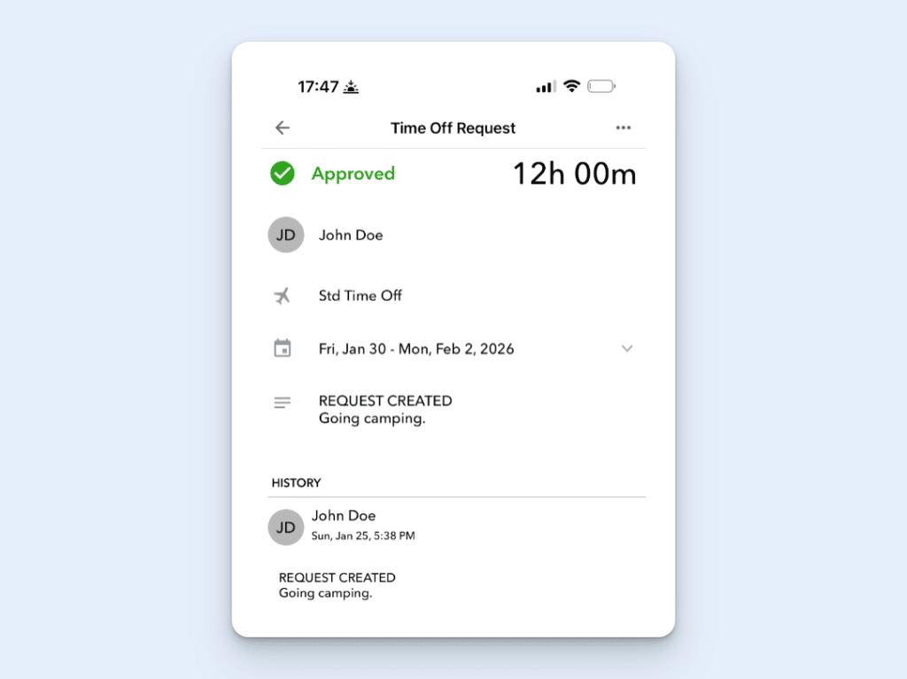 The QuickBooks Workforce mobile app, with a screen showing an approved PTO request for an employee, with dates, times, and a note that says, "Going camping."