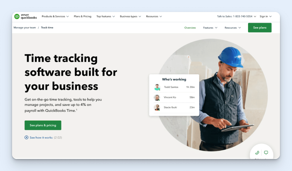 Intuit Quickbooks homepage, showing a man in a vest and blue hardhat working on a tablet, with an overlay of a Who’s Working screen, showing employees with shift lengths.
