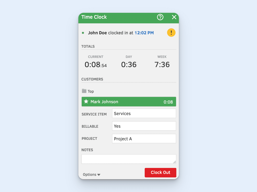The QuickBooks Time "Time Clock" screen, showing an employee named John Doe clocked in for 8m54s, and additional information like the customer and project.