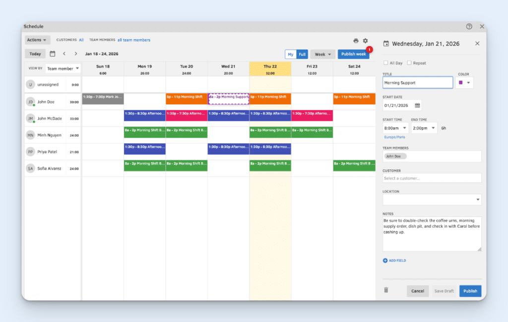 The QuickBooks Time "Schedule" screen, showing a schedule for five individuals across one week. Shifts appear in different colours, with times and titles like "Morning Shift." On the right, a new shift is being created.