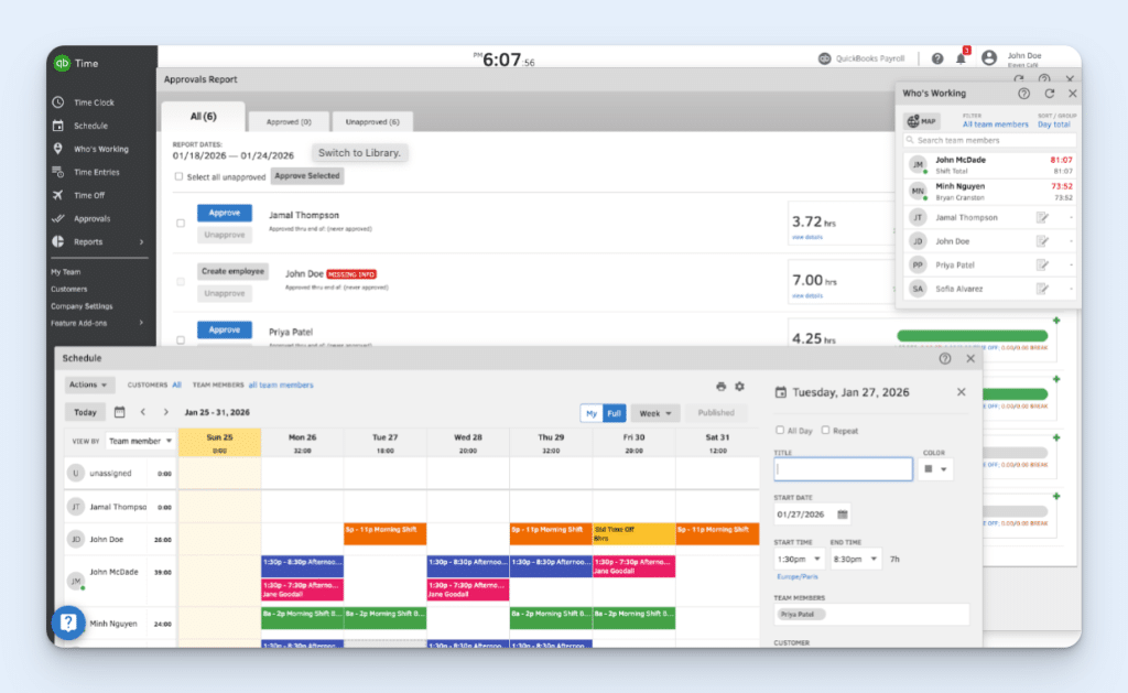 A view of QuickBooks Time with several screens open: scheduling, who's working, approvals report. Some of the screens are only half on the page.