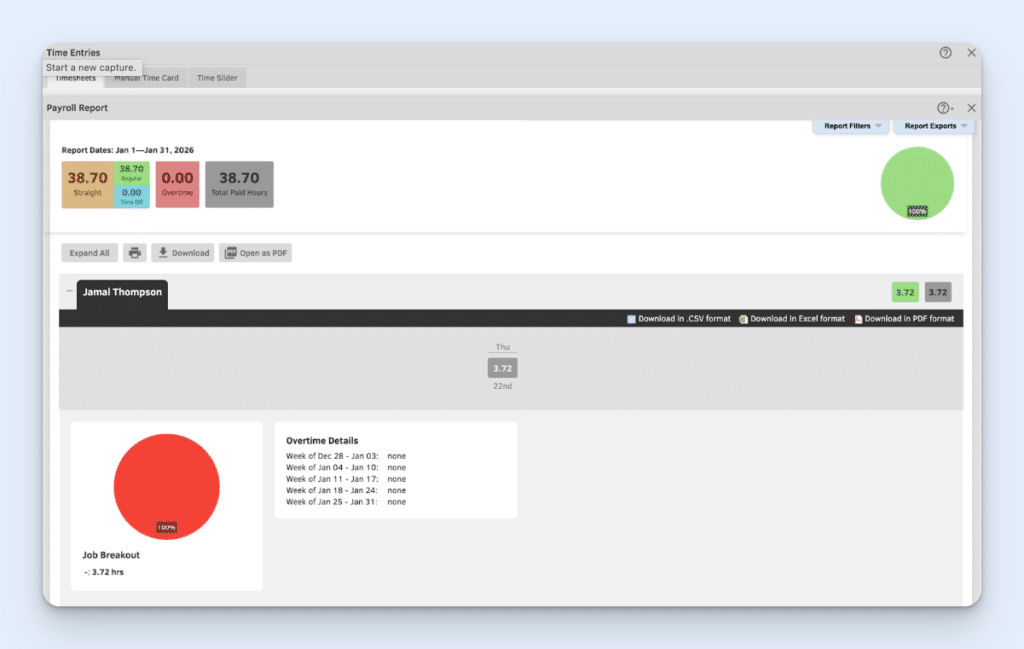 A QuickBooks Time payroll report, showing essential information like total hours and overtime. One of the employee sections is expanded open, showing their time entries and other details.
