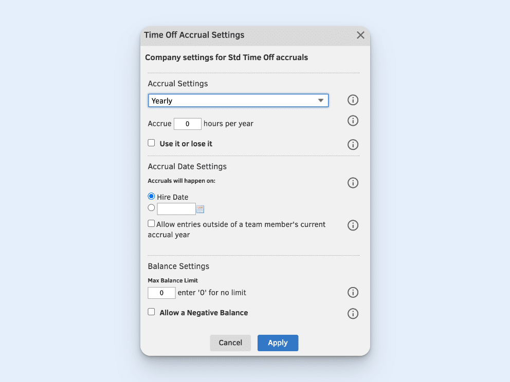 The QuickBooks Time "Time Off Accrual Settings" screen, which allows a manager to addd a new PTO policy. It includes options for accrual settings.