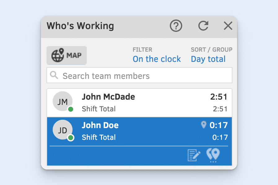 The QuickBooks Time "Who's Working" screen, showing two individuals clocked in.