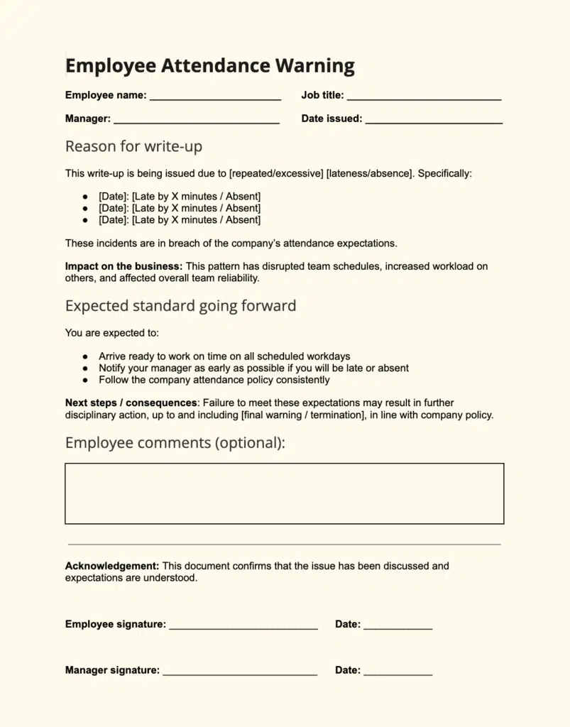 Image of a template employers can use to write their employees up for attendance issues
