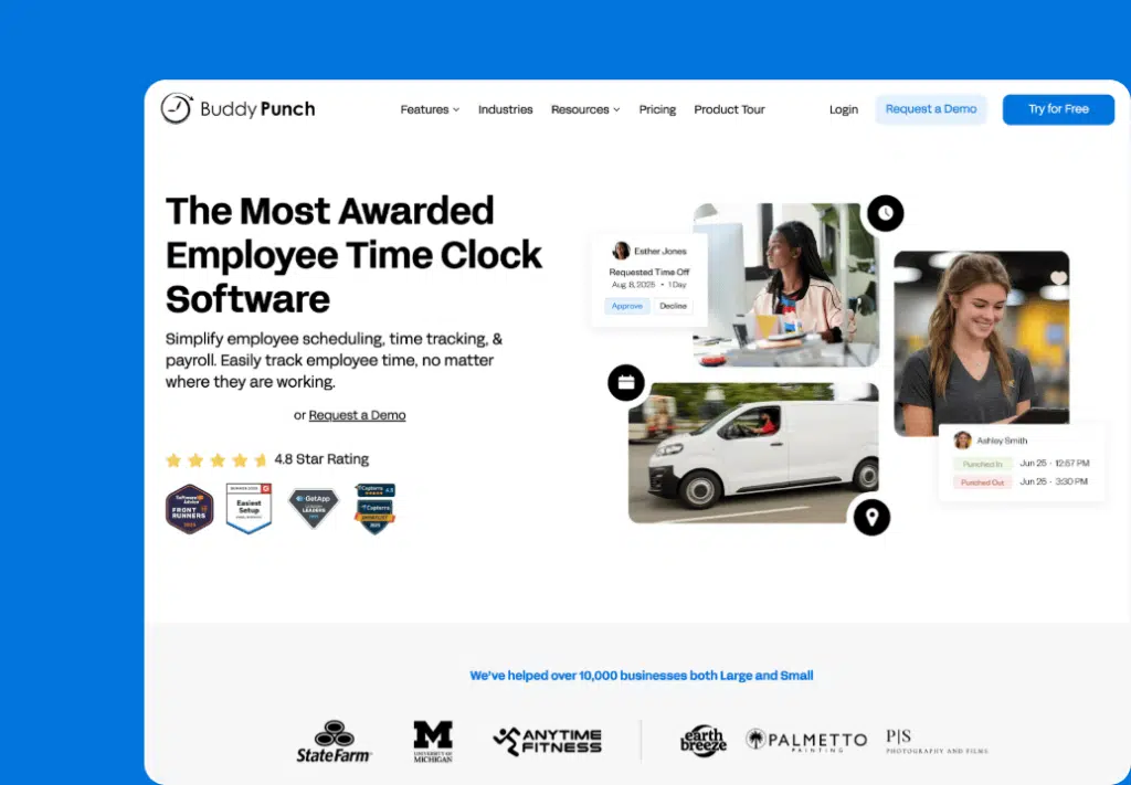 The Buddy Punch website homepage showing one woman smiling, one woman looking out the window, a white van