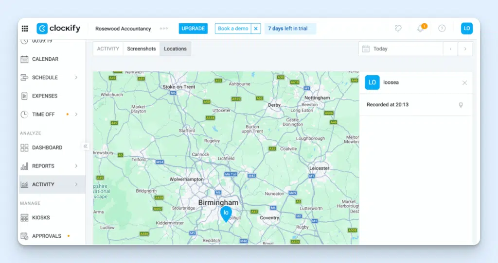 Clockify’s GPS location map (zoomed out for privacy) showing the location where employee Loosea had clocked in