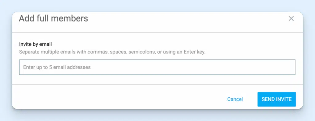 Clockify menu to add full members, with a box to enter up to five email addresses at a time