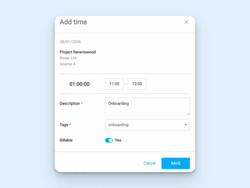 Clockify form for adding time, with options to add hours, description, tags, and toggle whether work is available. There’s a large blue Save button in the bottom right corner, or a cancel option.
