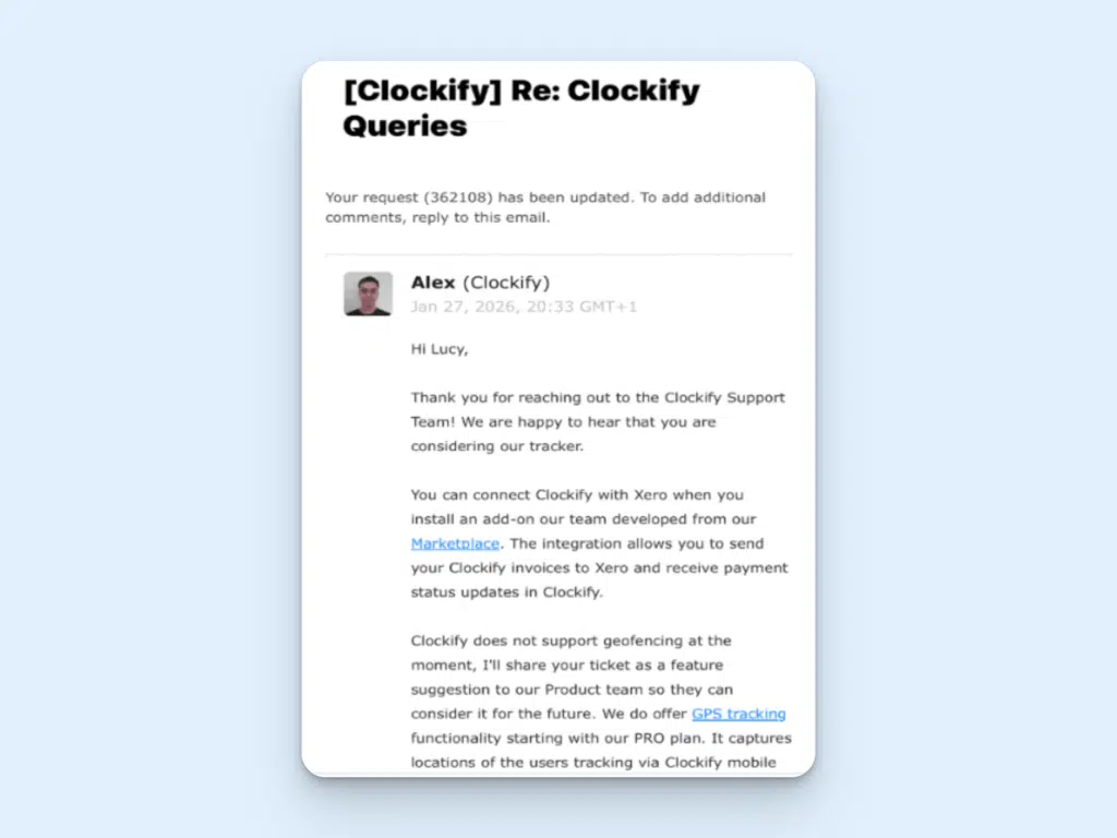 A response from Clockify’s customer support