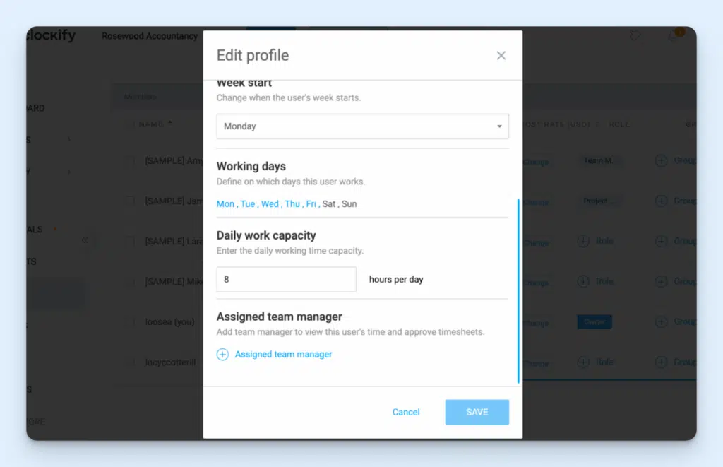 A Clockify menu screen showing an employee’s start day, working days, and daily capacity in hours