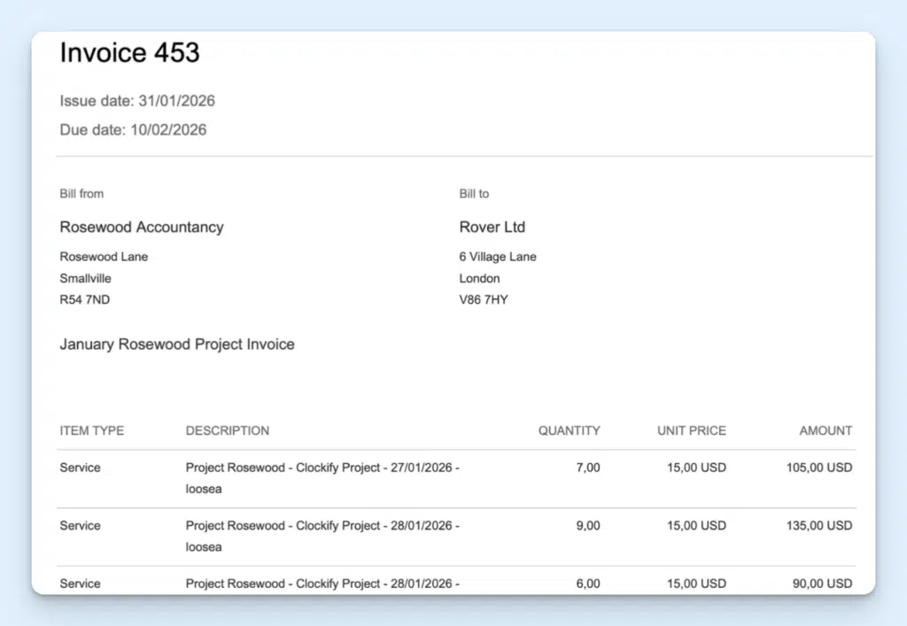 An example invoice in Clockify, with a detailed breakdown of tracked hours