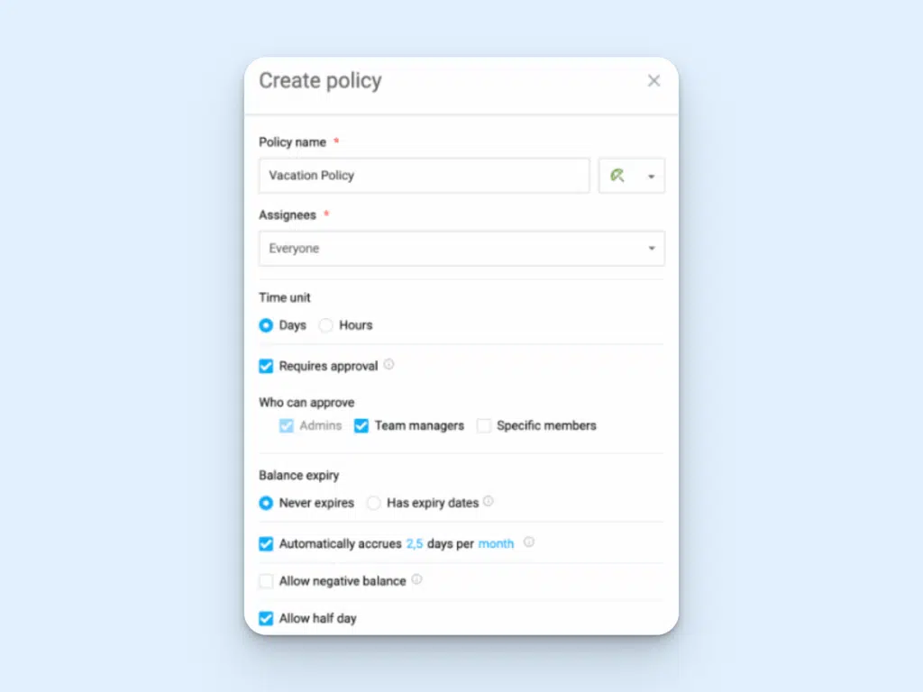 Clockify form to create a leave policy, with a choice of options, including approval steps, accrual rules, and whether half days are allowed.