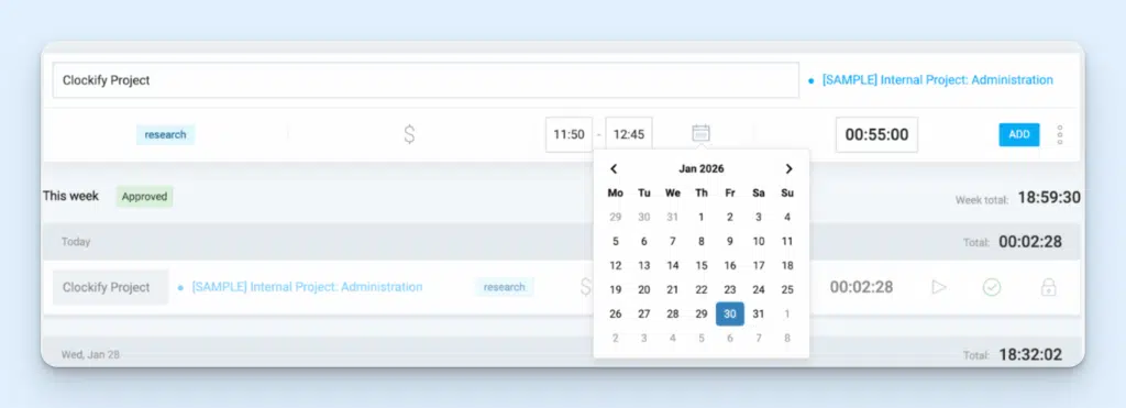 Manual time recording on Clockify. The image shows a calendar selector, start and end times, a description, project, task, and a billable icon. The total time is specified, and there is a large blue Add button to submit a record.