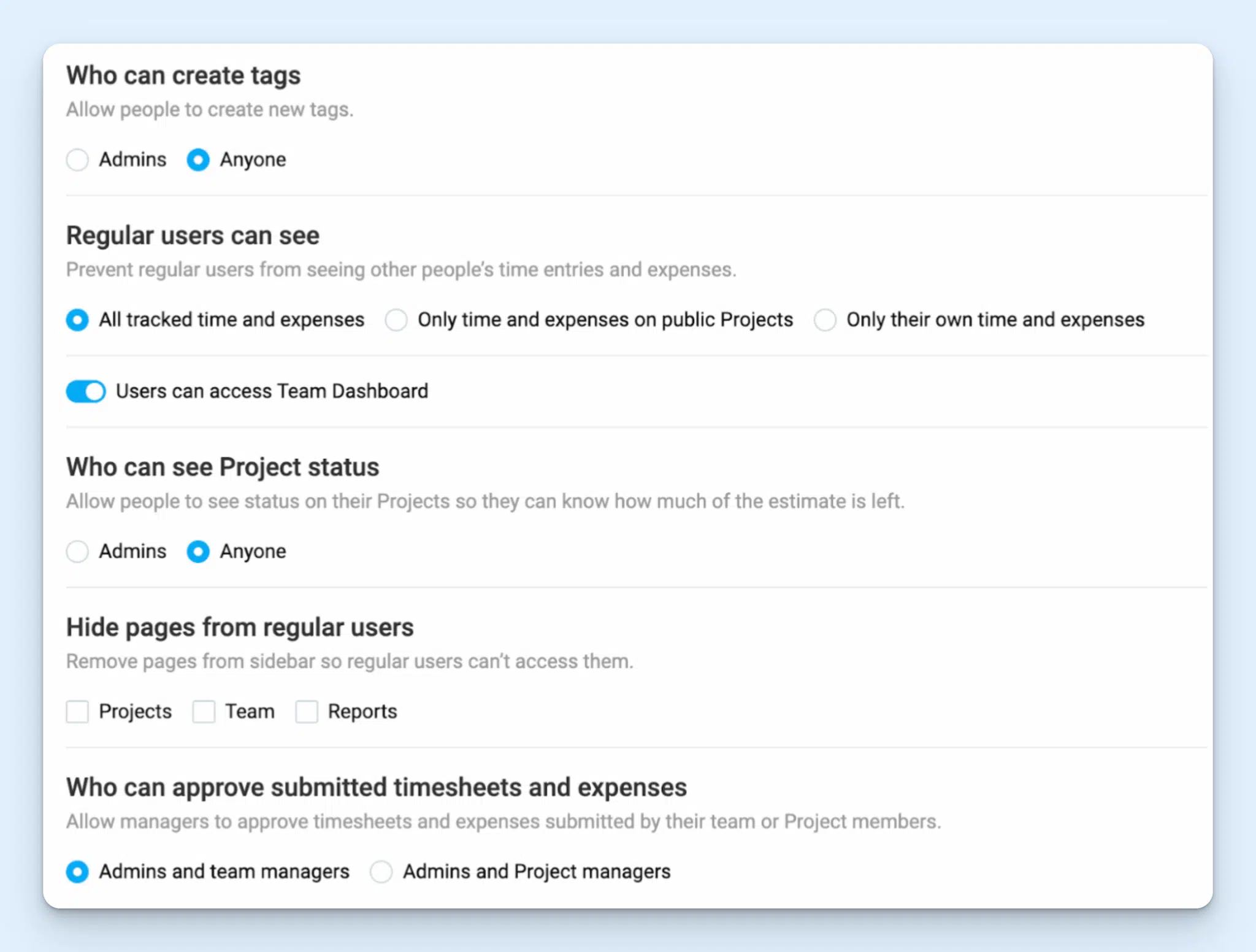 A Clockfy settings screen with a range of permissions for admins, team managers, and standard users
