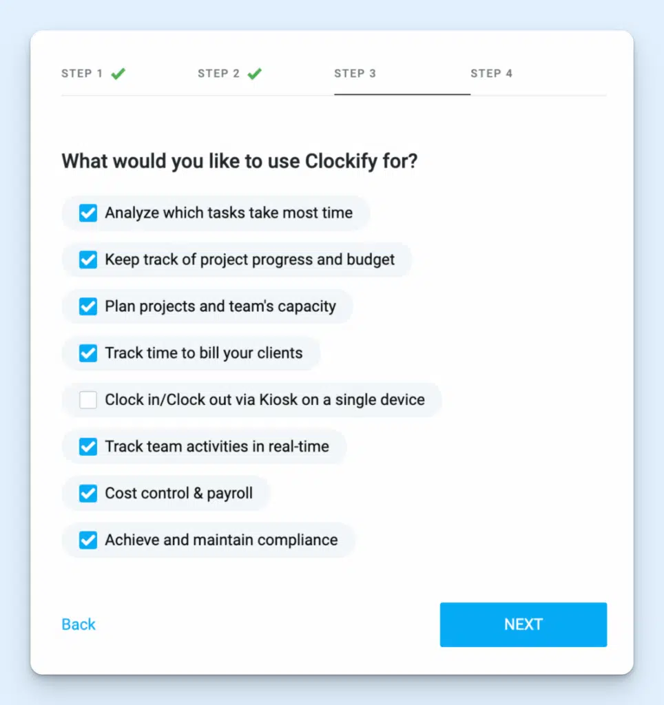 Clockify registration menu with checklist of choices to answer the question “What would you like to use Clockify for?”
