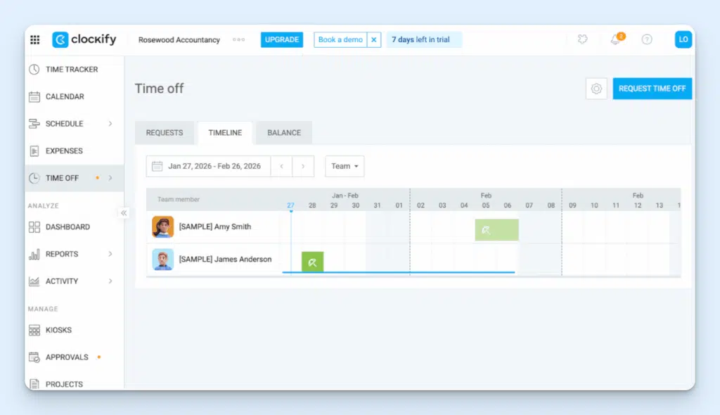 Clockify timeline screen showing requested leave in pale green on a calendar. Other employees’ leave is shown in dark green so that managers can check that suitable cover is in place.
