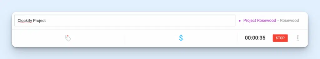 The timer mode time tracking tool on Clockify, featuring a large start/stop button, free text box for a description, and prompts to add tags and billable work. A visual timer shows the time spent.