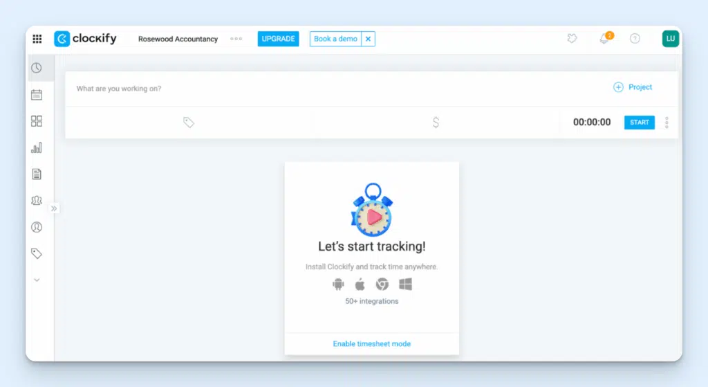 Clockify web interface with image of a stopwatch in the center and a “Let’s start tracking” message