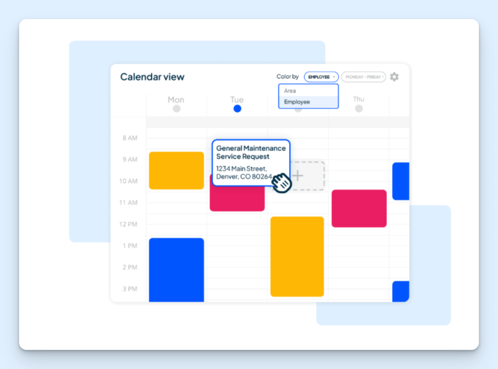 Housecall Pro calendar view showing color-coded service appointments.