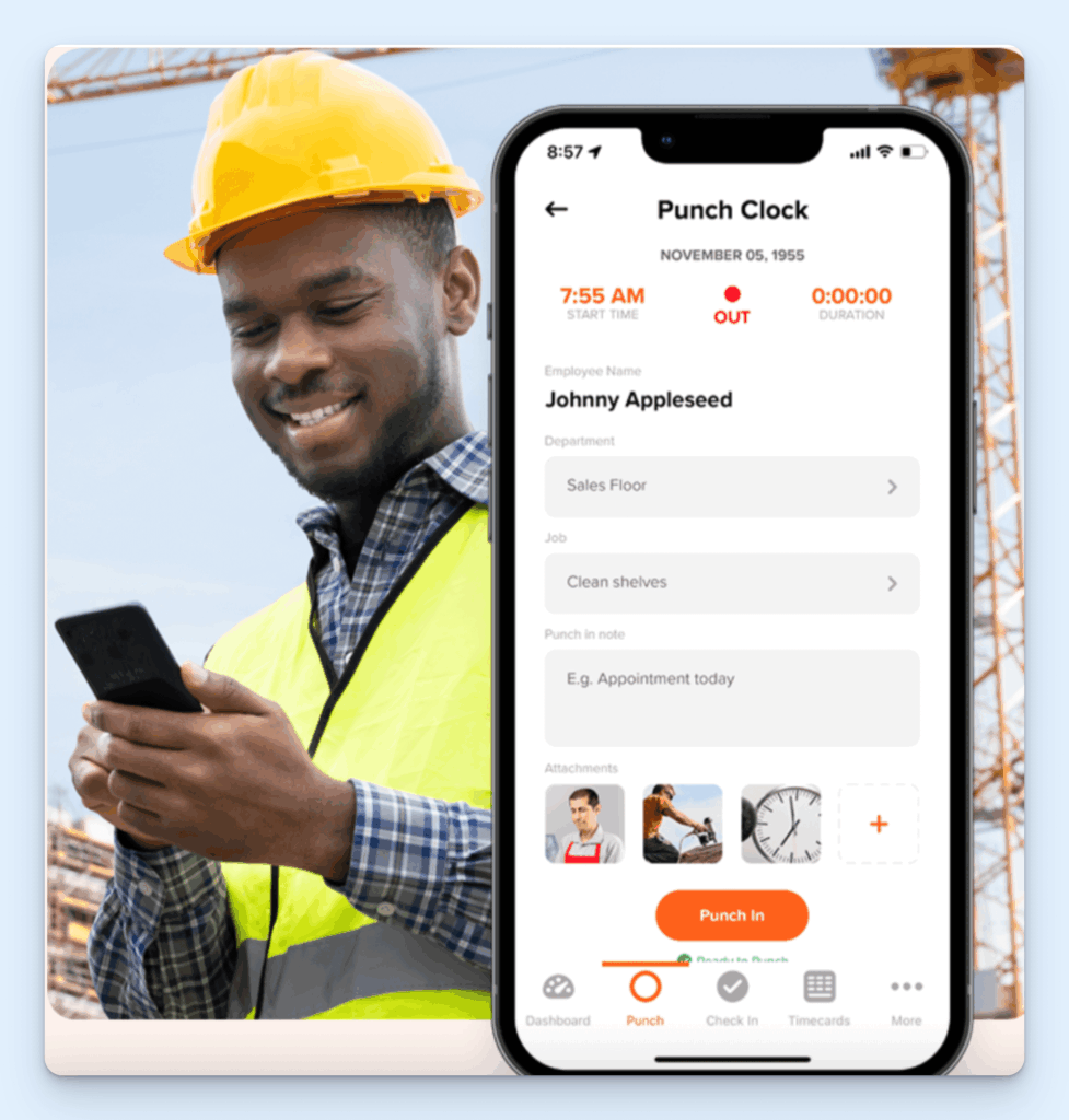 OnTheClock clock punch app, showing a construction worker using his phone to clock in. The inset shows a mobile screen with Punch Clock open, including fields such as employee name, department, job, and punch-in note.