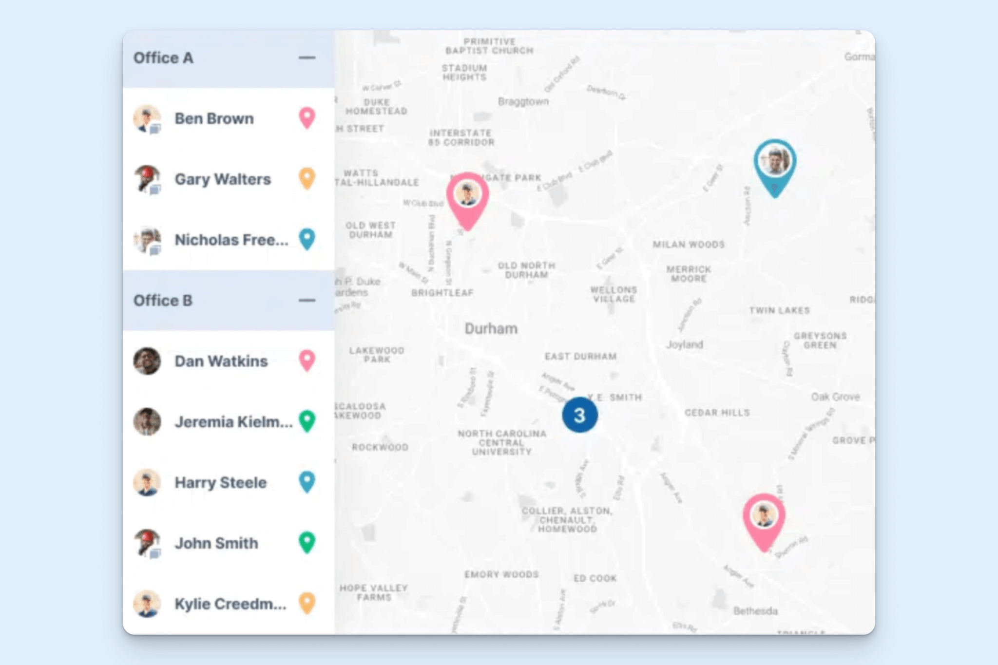 ServiceTrade map view showing the real-time locations of employees from two offices