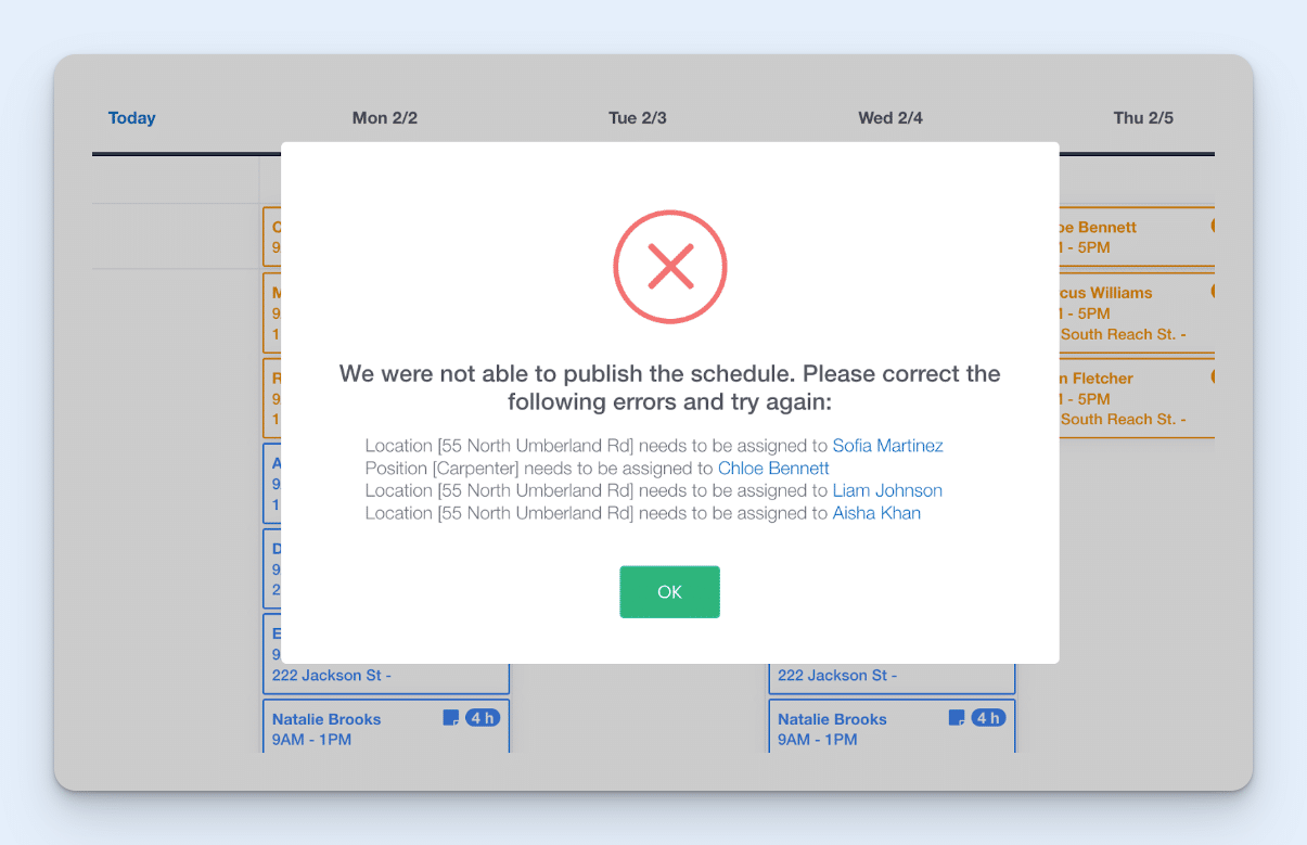Error message in Buddy Punch, notifying the user that the system cannot publish the schedule due to specific errors in location and employee assignments.