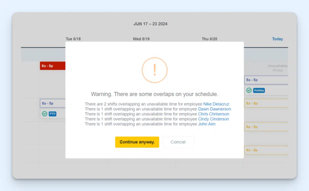 Scheduling warning in Buddy Punch; it states that there are six shifts in the schedule overlapping with unavailable time for five employees.