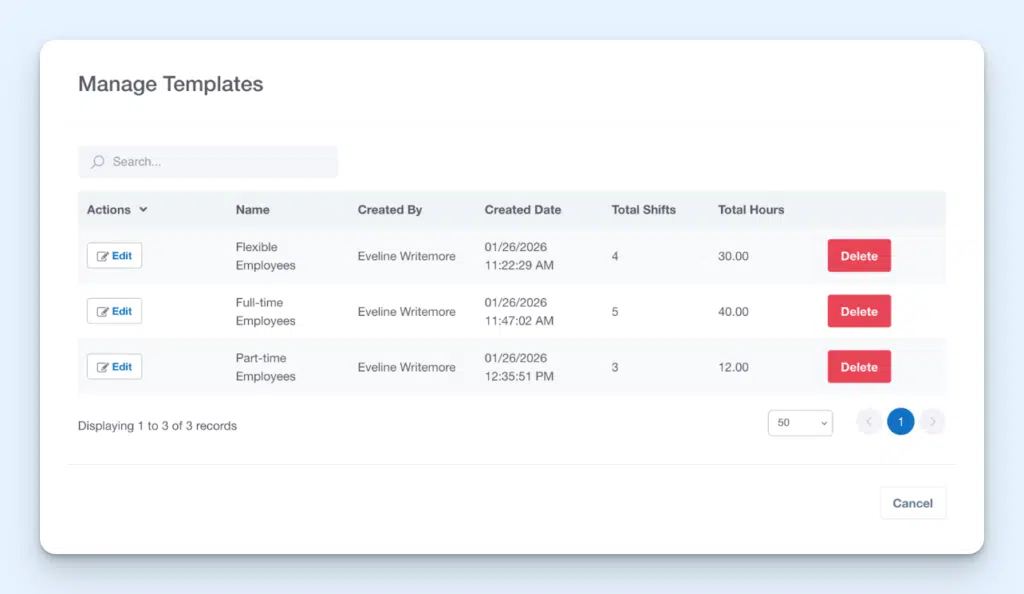 Manage Templates interface in Buddy Punch, showing three templates (Flexible, Full-Time, and Part-Time Employees) with details like total shifts and hours.